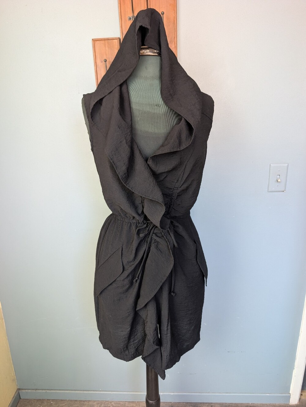 BCBG Black Hooded Ruffle Tie-Waist Dress